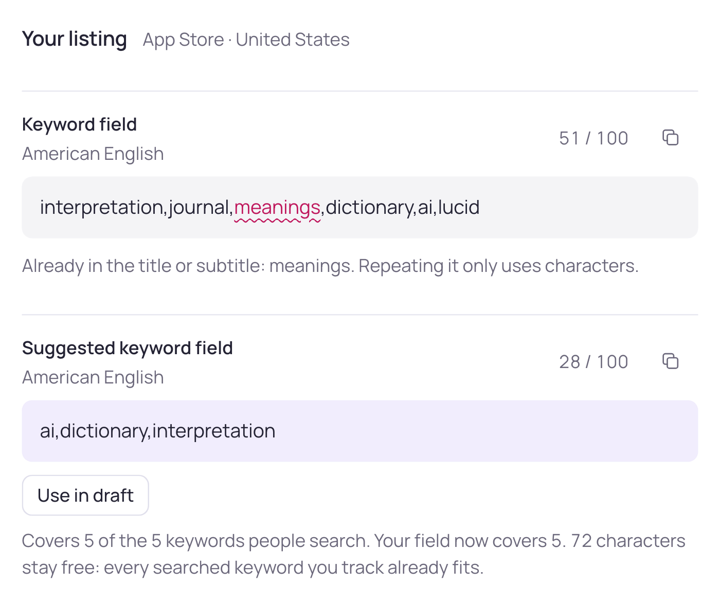 Title, subtitle and the keyword field, side by side.